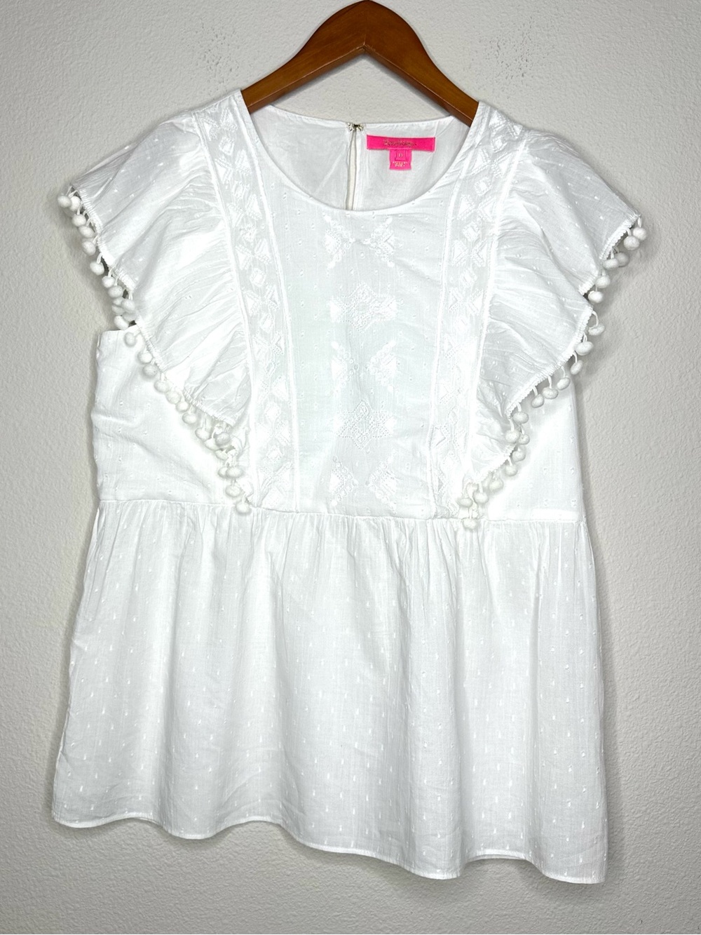 Lilly Pulitzer White Embroidered Pom Pom Ruffle Peplum Top Women’s M Cotton